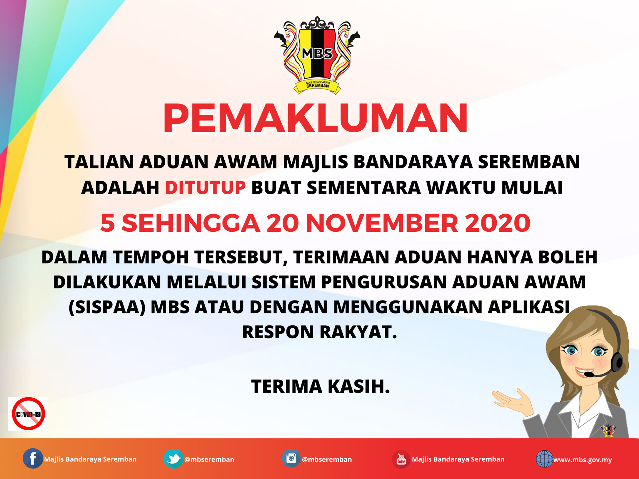 TALIAN ADUAN MAJLIS BANDARAYA SEREMBAN DITUTUP SEMENTARA