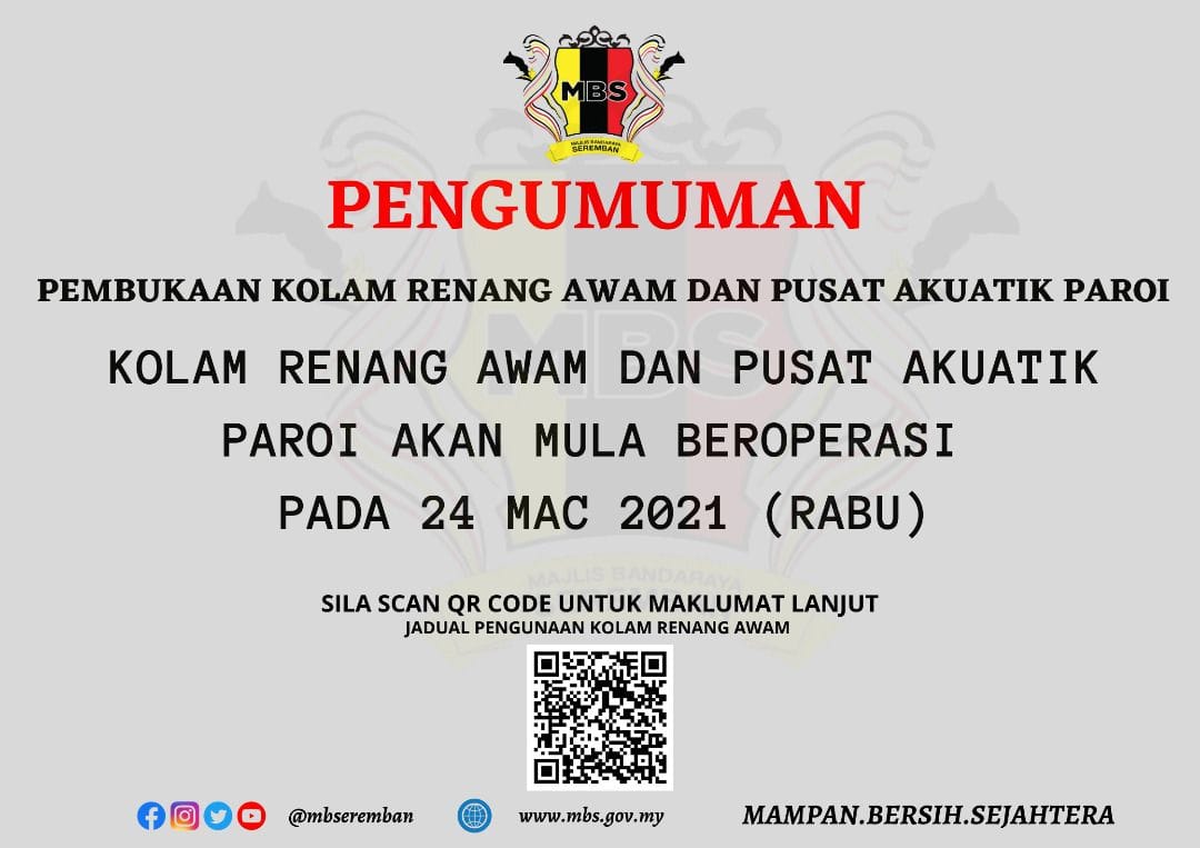 KOLAM RENANG AWAM DAN PUSAT AKUATIK PAROI MULA BEROPERASI PADA 24 MAC 2021