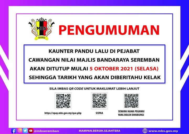 KAUNTER PANDU LALU DI PEJABAT CAWANGAN NILAI MBS AKAN DITUTUP