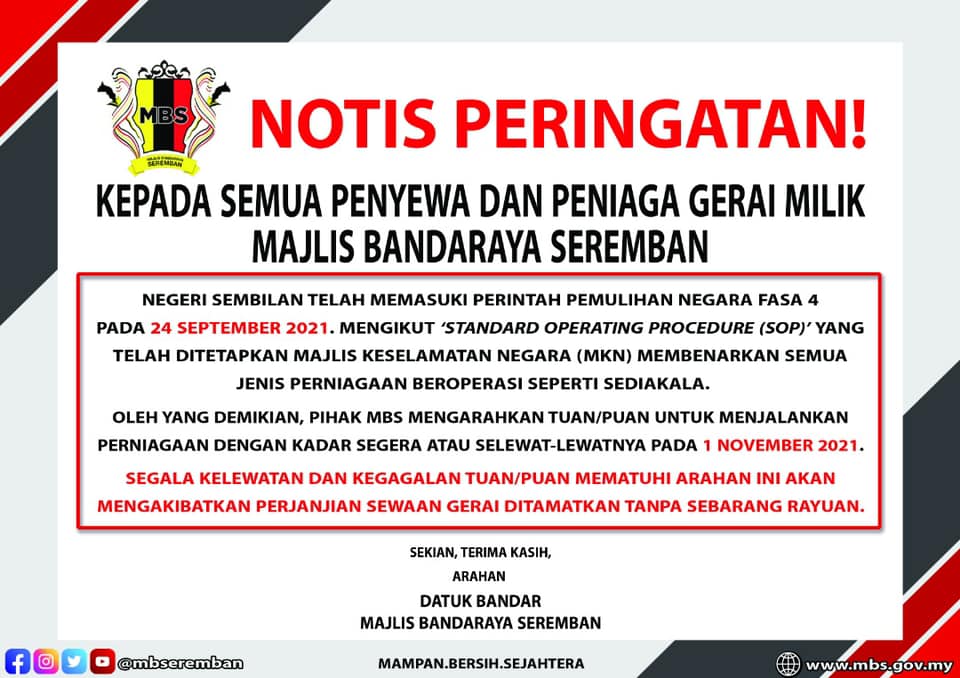 NOTIS PERINGATAN UNTUK PENYEWA GERAI & PENIAGA GERAI MILIK MBS