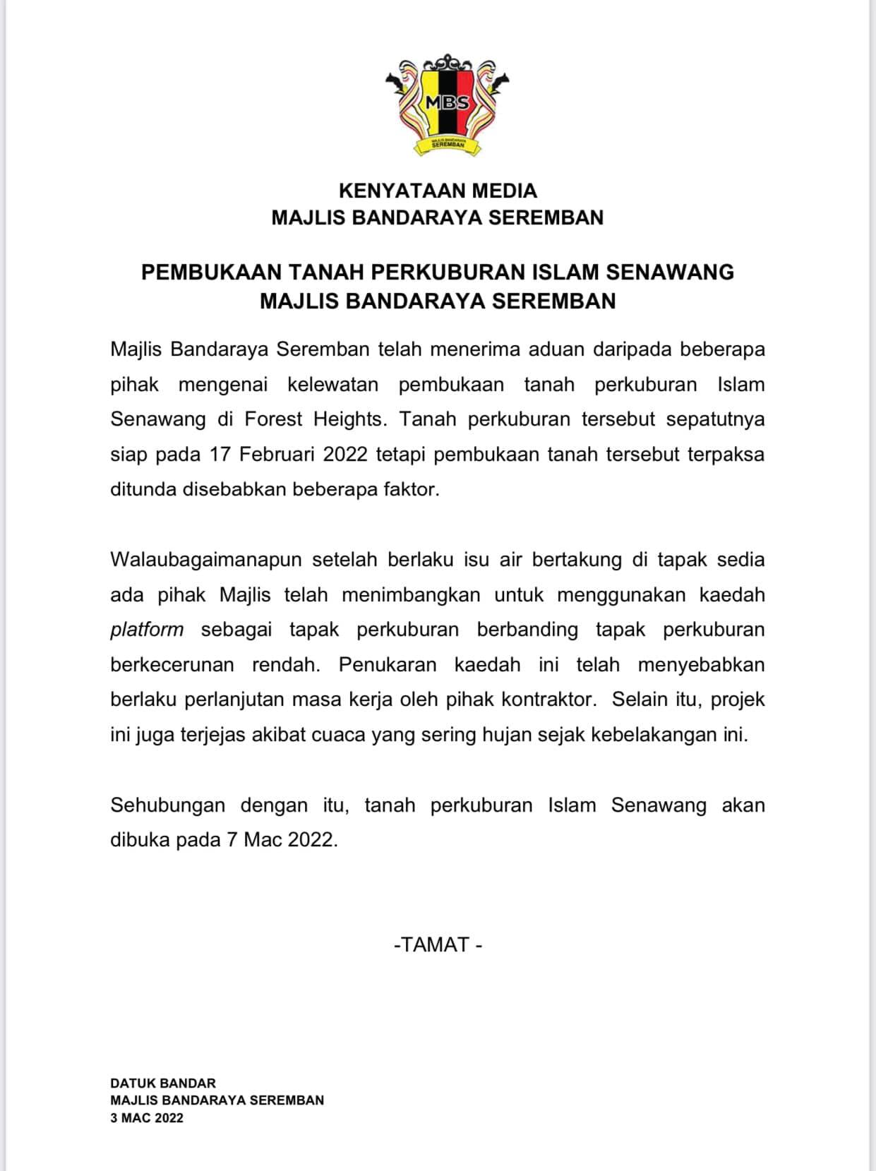 PEMBUKAAN TANAH PERKUBURAN ISLAM SENAWANG MBS