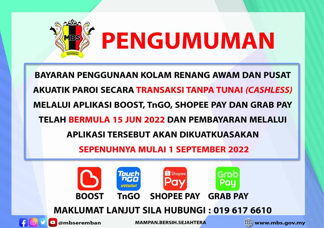 BAYARAN PENGGUNAAN KOLAM RENANG AWAM DAN PUSAT AKUATIK PAROI SECARA TRANSAKSI TANPA TUNAI (CASHLESS).