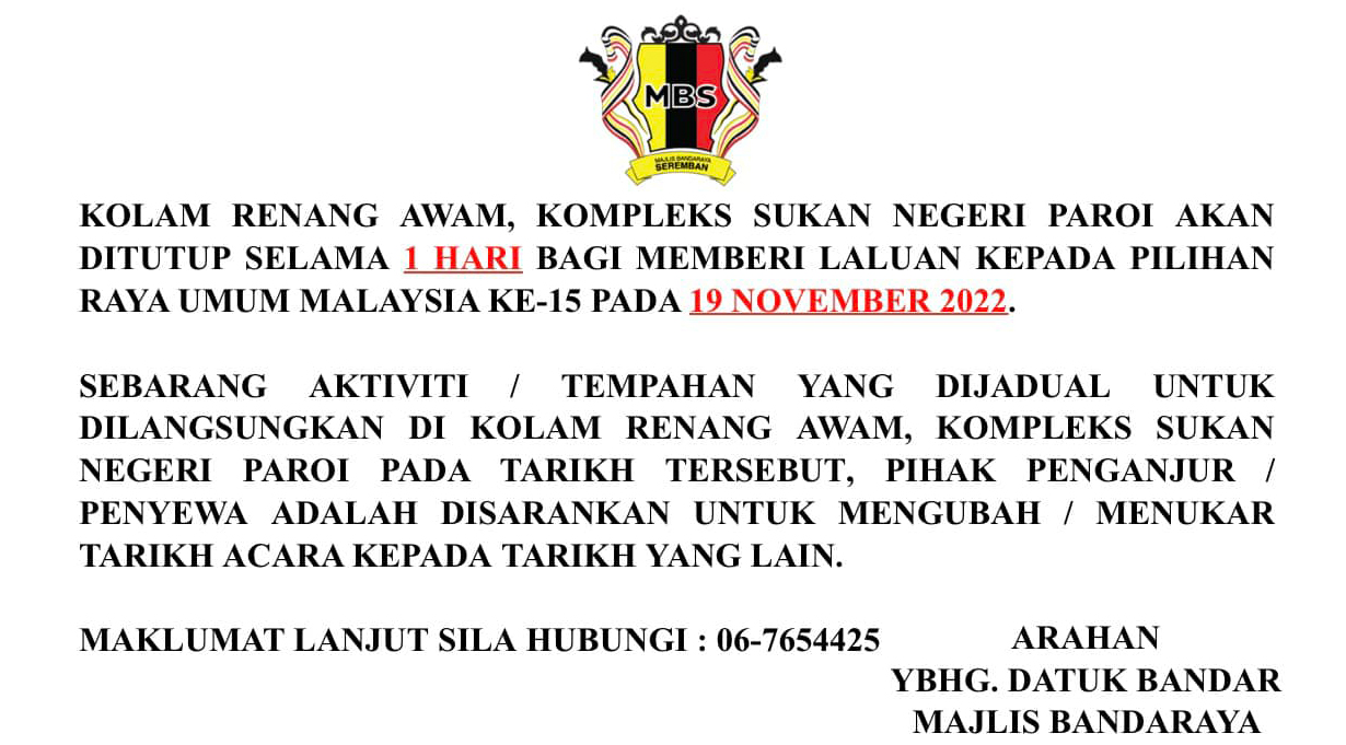 PENUTUPAN KOLAM RENANG AWAM, KOMPLEKS SUKAN NEGERI PAROI