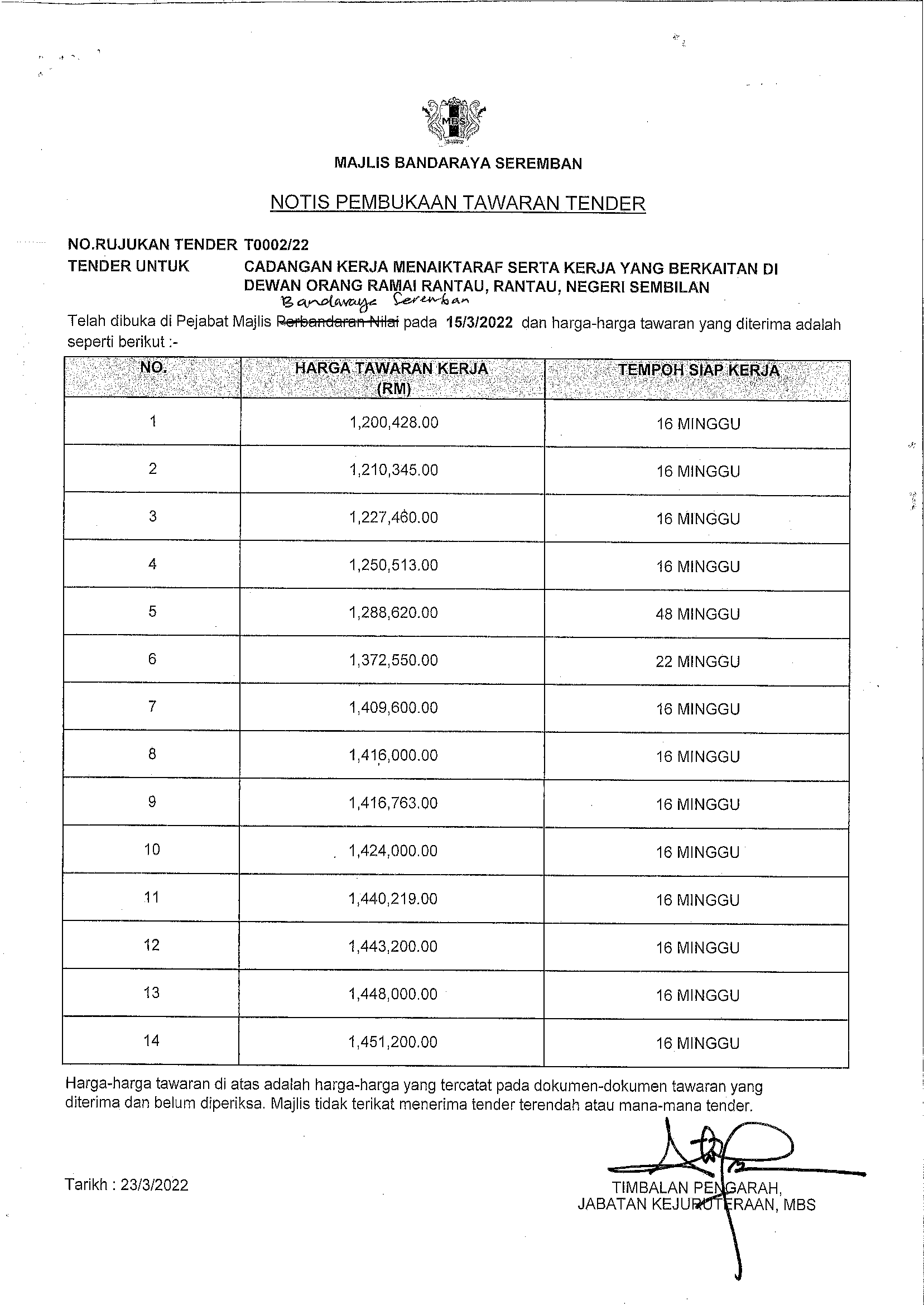 NOTIS PEMBUKAAN TAWARAN TENDER